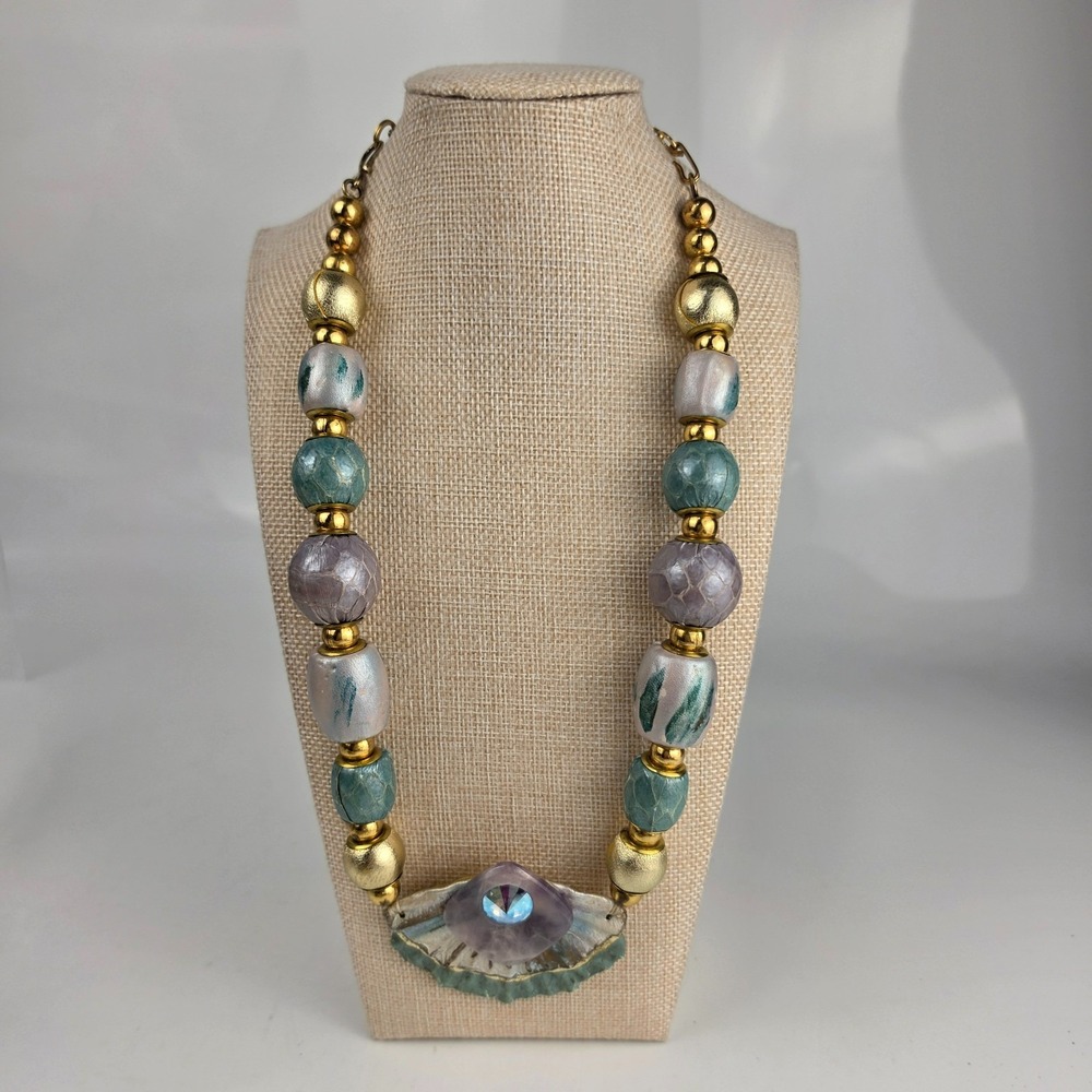 Vintage 1990s Chunky Statement‎ Necklace Amethyst Stone Painted Beads Gold Tone